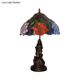 Stained Glass Red/Orange Night Light Flowering Tiffany-Style Table Lamp With Angel Statue