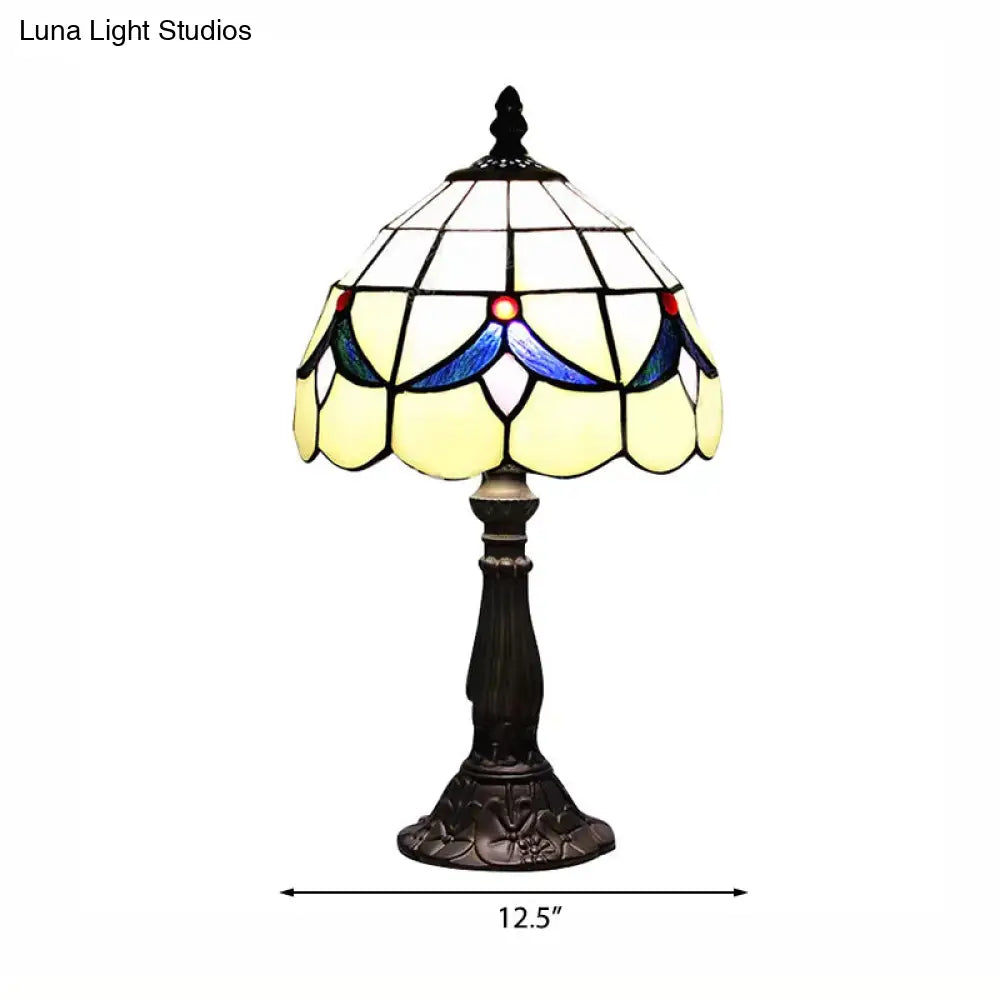 Stained Glass Rustic Floral Table Lamp With Dome Shade - Beige For Reading