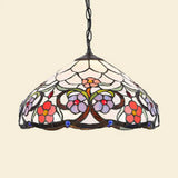 Stained Glass Rustic Tiffany Pendant Light: Multi Color Flower Hanging Light In Black Finish / A