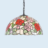 Stained Glass Rustic Tiffany Pendant Light: Multi Color Flower Hanging Light In Black Finish / B