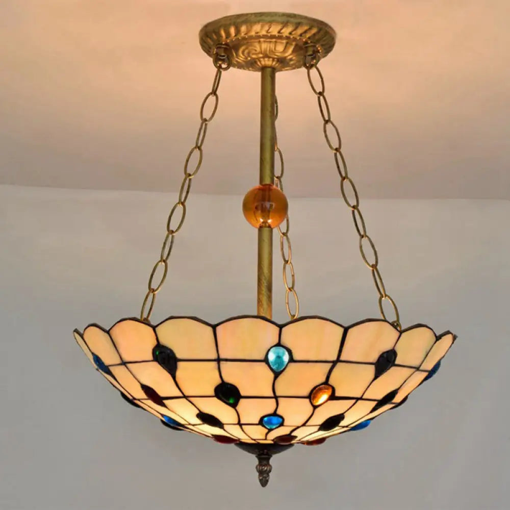 Stained Glass Semi Flush Ceiling Light Fixture With Retro Jewel Pattern - Beige/Clear/Yellow Tones