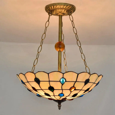 Stained Glass Semi Flush Ceiling Light Fixture With Retro Jewel Pattern - Beige/Clear/Yellow Tones