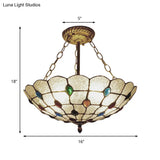 Stained Glass Semi Flush Ceiling Light Fixture With Retro Jewel Pattern - Beige/Clear/Yellow Tones
