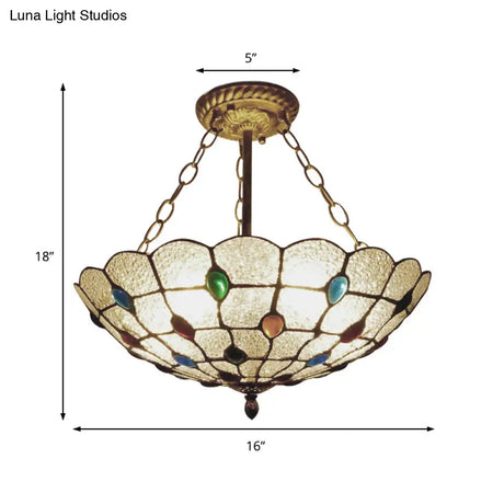 Stained Glass Semi Flush Ceiling Light Fixture With Retro Jewel Pattern - Beige/Clear/Yellow Tones