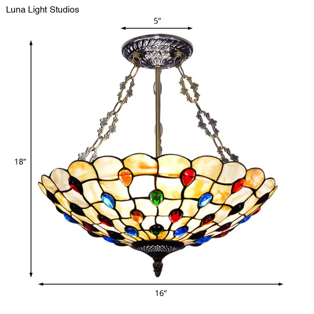 Stained Glass Semi Flush Ceiling Light Fixture With Retro Jewel Pattern - Beige/Clear/Yellow Tones