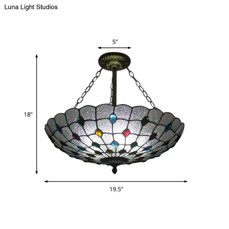 Stained Glass Semi Flush Ceiling Light Fixture With Retro Jewel Pattern - Beige/Clear/Yellow Tones