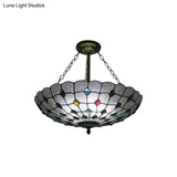 Stained Glass Semi Flush Ceiling Light Fixture With Retro Jewel Pattern - Beige/Clear/Yellow Tones