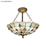 Stained Glass Semi Flush Ceiling Light Fixture With Retro Jewel Pattern - Beige/Clear/Yellow Tones