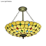 Stained Glass Semi Flush Ceiling Light Fixture With Retro Jewel Pattern - Beige/Clear/Yellow Tones