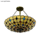 Stained Glass Semi Flush Ceiling Light Fixture With Retro Jewel Pattern - Beige/Clear/Yellow Tones