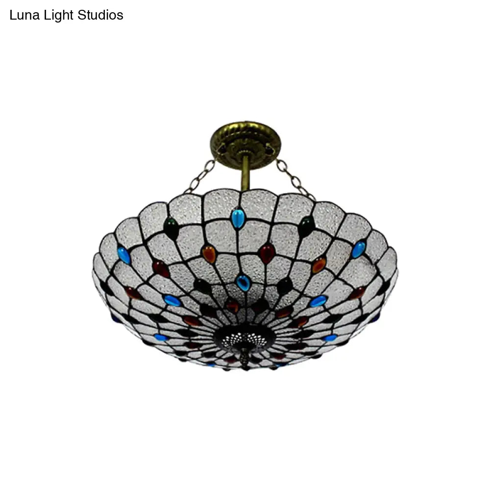 Stained Glass Semi Flush Ceiling Light Fixture With Retro Jewel Pattern - Beige/Clear/Yellow Tones