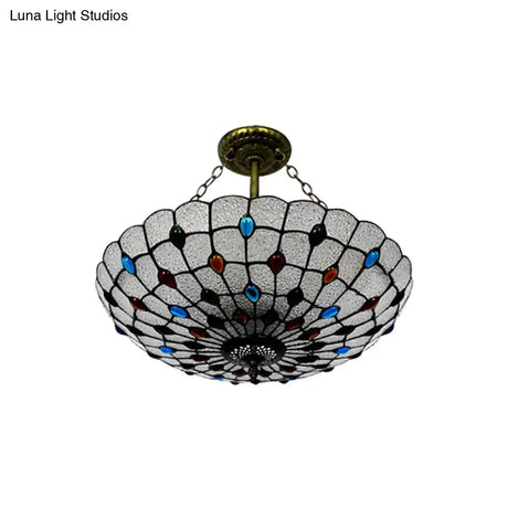 Stained Glass Semi Flush Ceiling Light Fixture With Retro Jewel Pattern - Beige/Clear/Yellow Tones