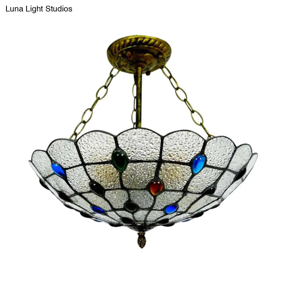 Stained Glass Semi Flush Ceiling Light Fixture With Retro Jewel Pattern - Beige/Clear/Yellow Tones