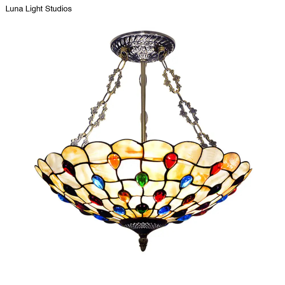 Stained Glass Semi Flush Ceiling Light Fixture With Retro Jewel Pattern - Beige/Clear/Yellow Tones