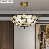 Stained Glass Semi Flush Ceiling Light Fixture With Retro Jewel Pattern - Beige/Clear/Yellow Tones
