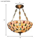 Stained Glass Semi Flush Ceiling Light Fixture With Retro Jewel Pattern - Beige/Clear/Yellow Tones