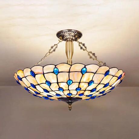 Stained Glass Semi Flush Ceiling Light With Jewel Decoration - Retro Style Yellow/Beige Various