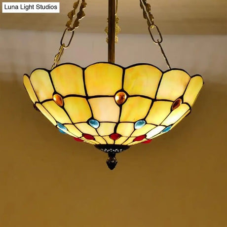 Stained Glass Semi Flush Ceiling Light With Jewel Decoration - Retro Style Yellow/Beige Various