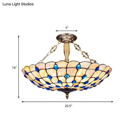 Stained Glass Semi Flush Ceiling Light With Jewel Decoration - Retro Style Yellow/Beige Various