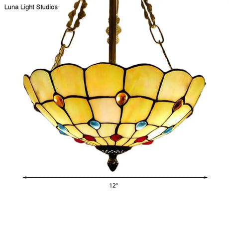 Stained Glass Semi Flush Ceiling Light With Jewel Decoration - Retro Style Yellow/Beige Various
