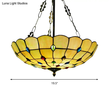 Stained Glass Semi Flush Ceiling Light With Jewel Decoration - Retro Style Yellow/Beige Various