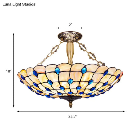 Stained Glass Semi Flush Ceiling Light With Jewel Decoration - Retro Style Yellow/Beige Various