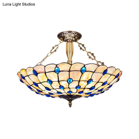 Stained Glass Semi Flush Ceiling Light With Jewel Decoration - Retro Style Yellow/Beige Various