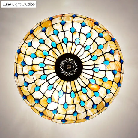 Stained Glass Semi Flush Ceiling Light With Jewel Decoration - Retro Style Yellow/Beige Various