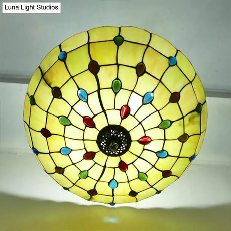Stained Glass Semi Flush Ceiling Light With Jewel Decoration - Retro Style Yellow/Beige Various