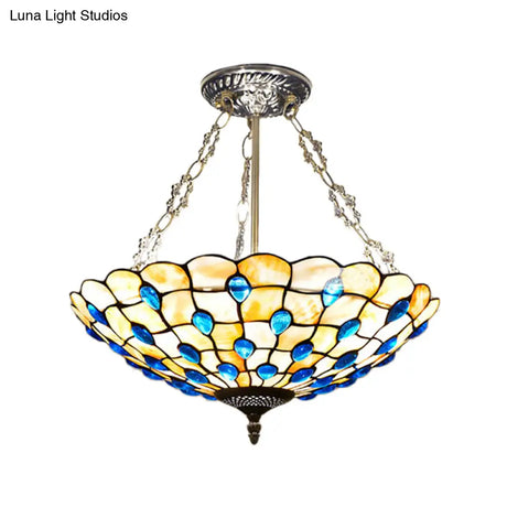 Stained Glass Semi Flush Ceiling Light With Jewel Decoration - Retro Style Yellow/Beige Various