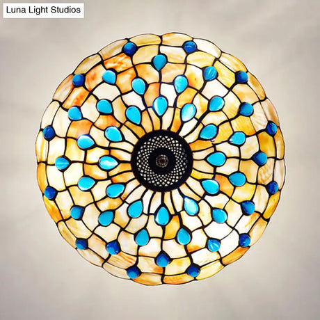 Stained Glass Semi Flush Ceiling Light With Jewel Decoration - Retro Style Yellow/Beige Various