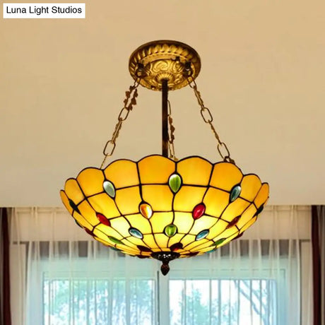 Stained Glass Semi Flush Ceiling Light With Jewel Decoration - Retro Style Yellow/Beige Various