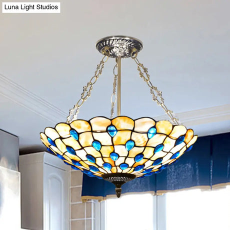 Stained Glass Semi Flush Ceiling Light With Jewel Decoration - Retro Style Yellow/Beige Various