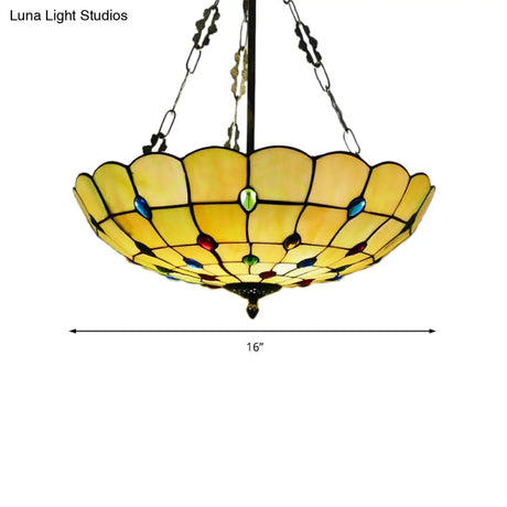 Stained Glass Semi Flush Ceiling Light With Jewel Decoration - Retro Style Yellow/Beige Various