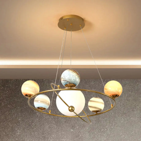Stained Glass Solar System Ceiling Pendant Light For Kids Bedroom - Gold Chandelier Lighting 6 /