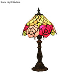 Stained Glass Table Night Light With Rose Pattern - Dark Coffee 1 Bulb Mediterranean Style