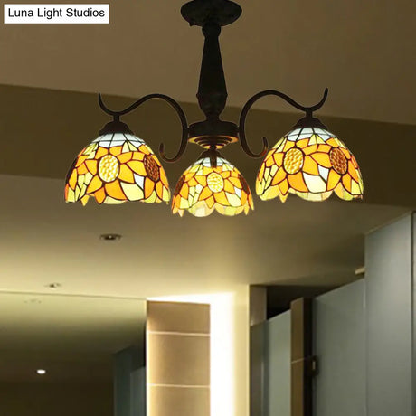 Stained Glass Tiffany Chandelier With Orange Sunflower - 3/6 Lights Rustic Pendant Light For Living