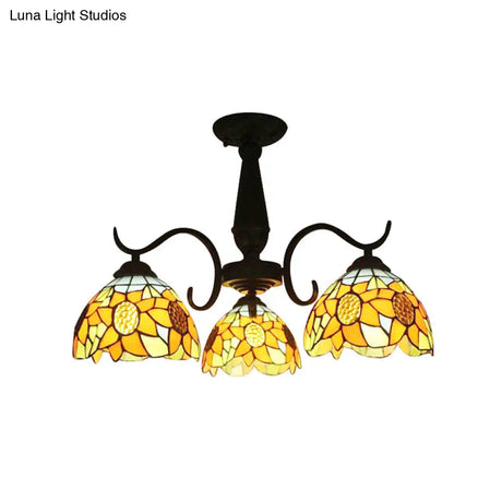 Stained Glass Tiffany Chandelier With Orange Sunflower - 3/6 Lights Rustic Pendant Light For Living