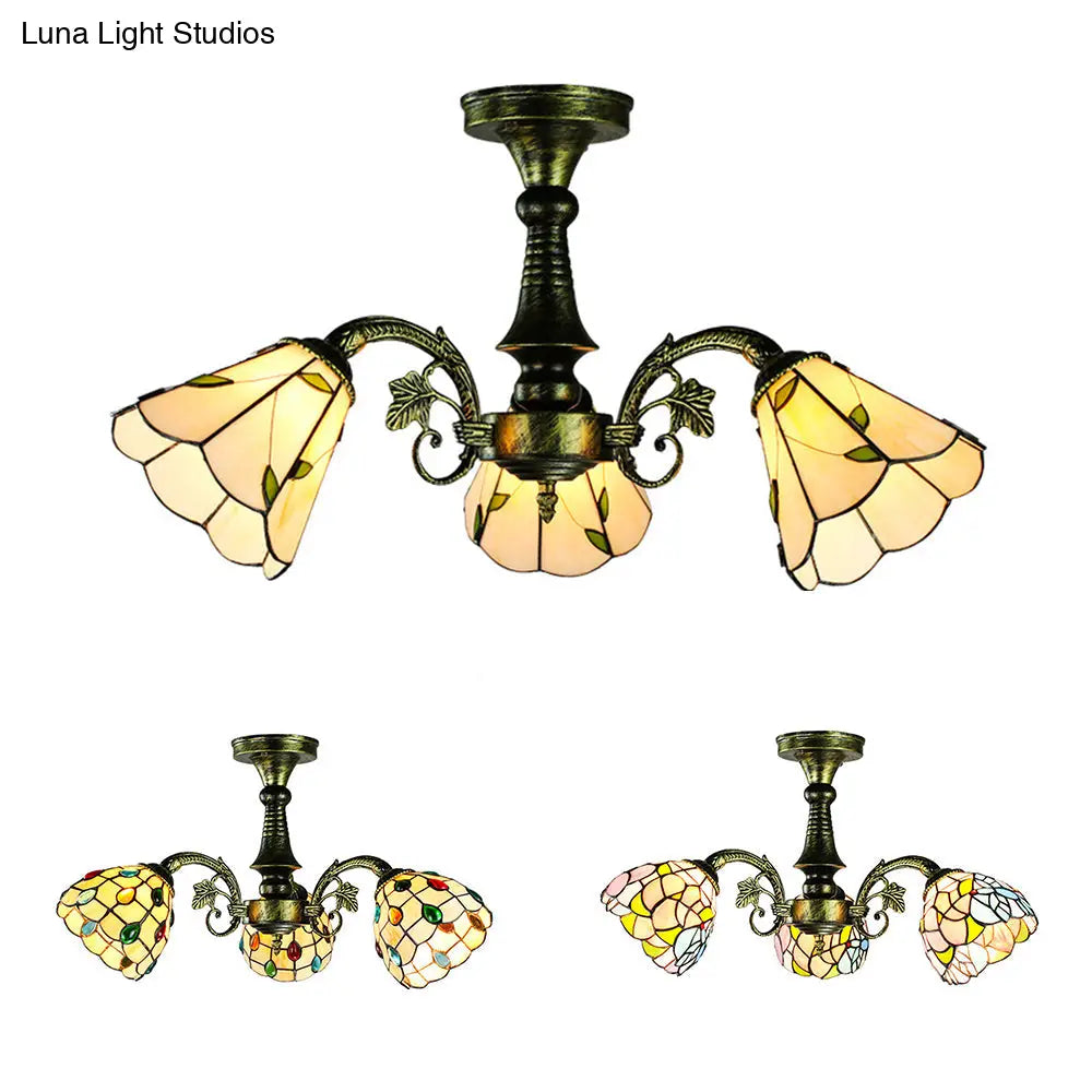 Stained Glass Tiffany Peacock Tail/Leaf/Flower Chandelier Light - Rustic Ceiling Fixture In Antique