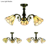 Stained Glass Tiffany Peacock Tail/Leaf/Flower Chandelier Light - Rustic Ceiling Fixture In Antique