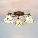 Stained Glass Tiffany Style Flushmount Light With 3 Lights - White/Clear/Blue/Beige Beige