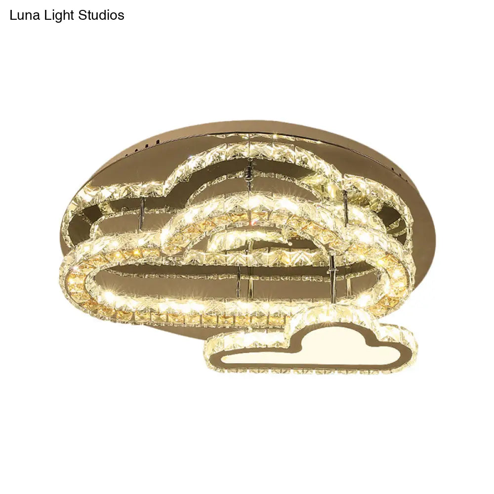 Stainless-Steel Led Ceiling Light With Clear Square-Cut Crystals - Modern Cloud Semi Flush Mount