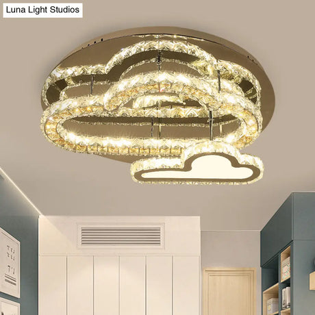 Stainless-Steel Led Ceiling Light With Clear Square-Cut Crystals - Modern Cloud Semi Flush Mount
