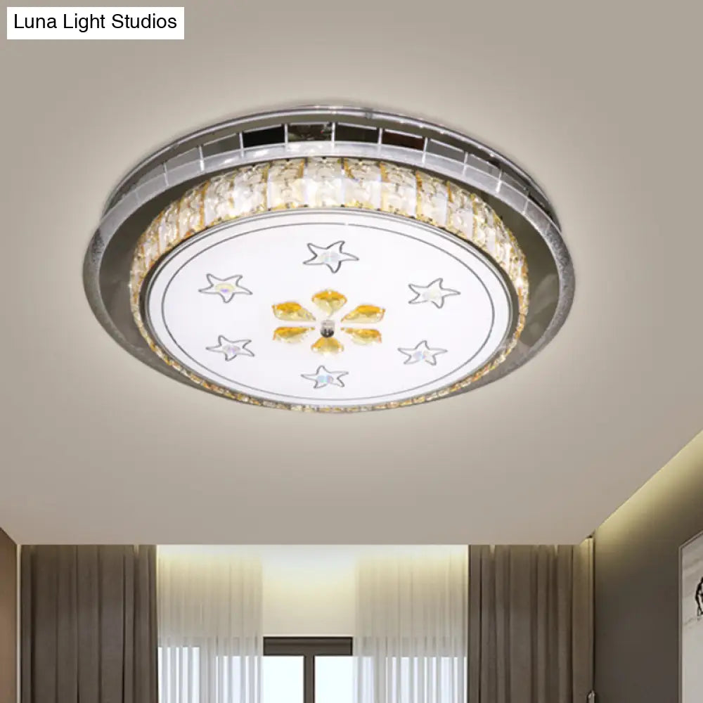 Stainless-Steel Led Flush Light Fixture With Clear Faceted Crystal Blocks - Modern Circular Ceiling