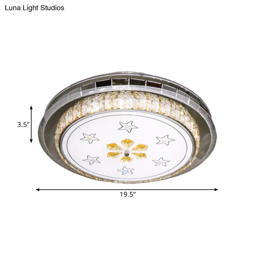 Stainless-Steel Led Flush Light Fixture With Clear Faceted Crystal Blocks - Modern Circular Ceiling