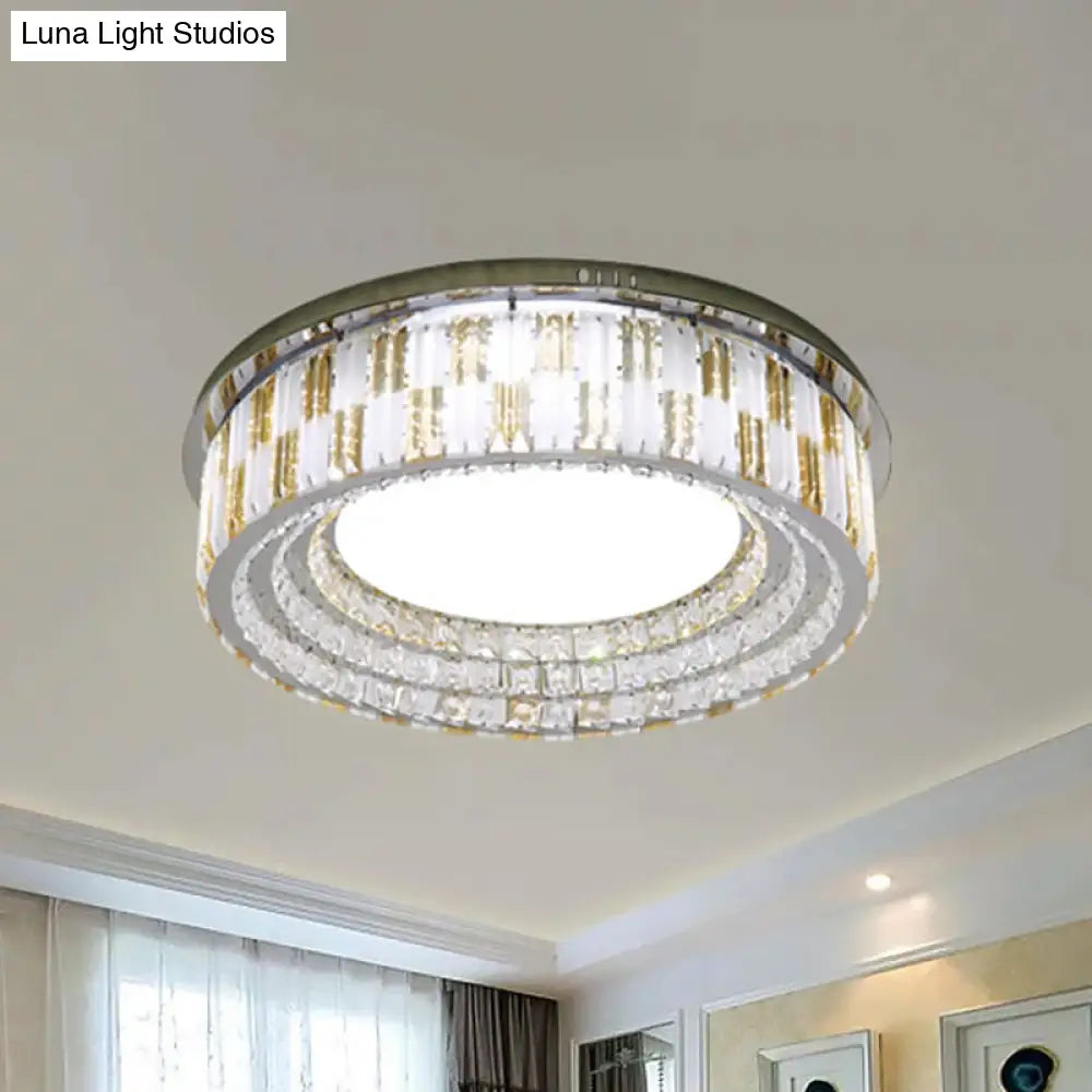 Stainless - Steel Led Flush Mount Ceiling Light With Crystal Blocks - Modern Round Fixture