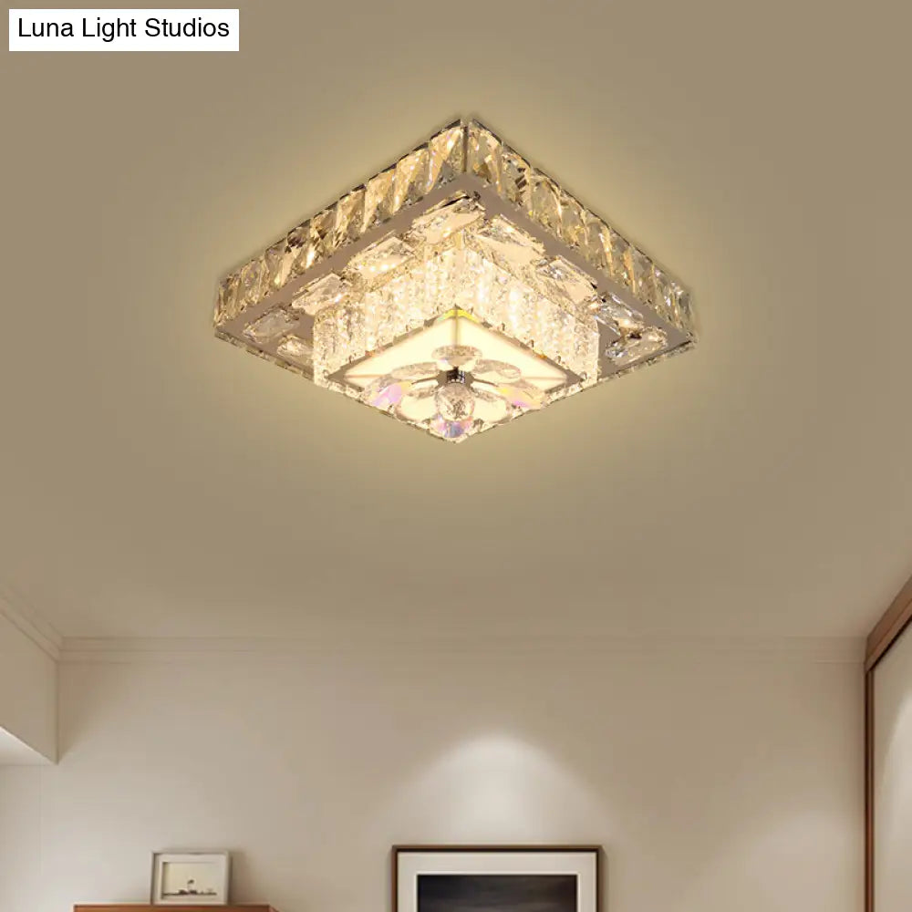 Stainless Steel Led Flushmount Square Crystal Ceiling Lamp For Modern Corridors