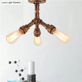Steampunk 3 - Light Semi Flush Ceiling Fixture With Metallic Pipe Shade In Aged Bronze For Living