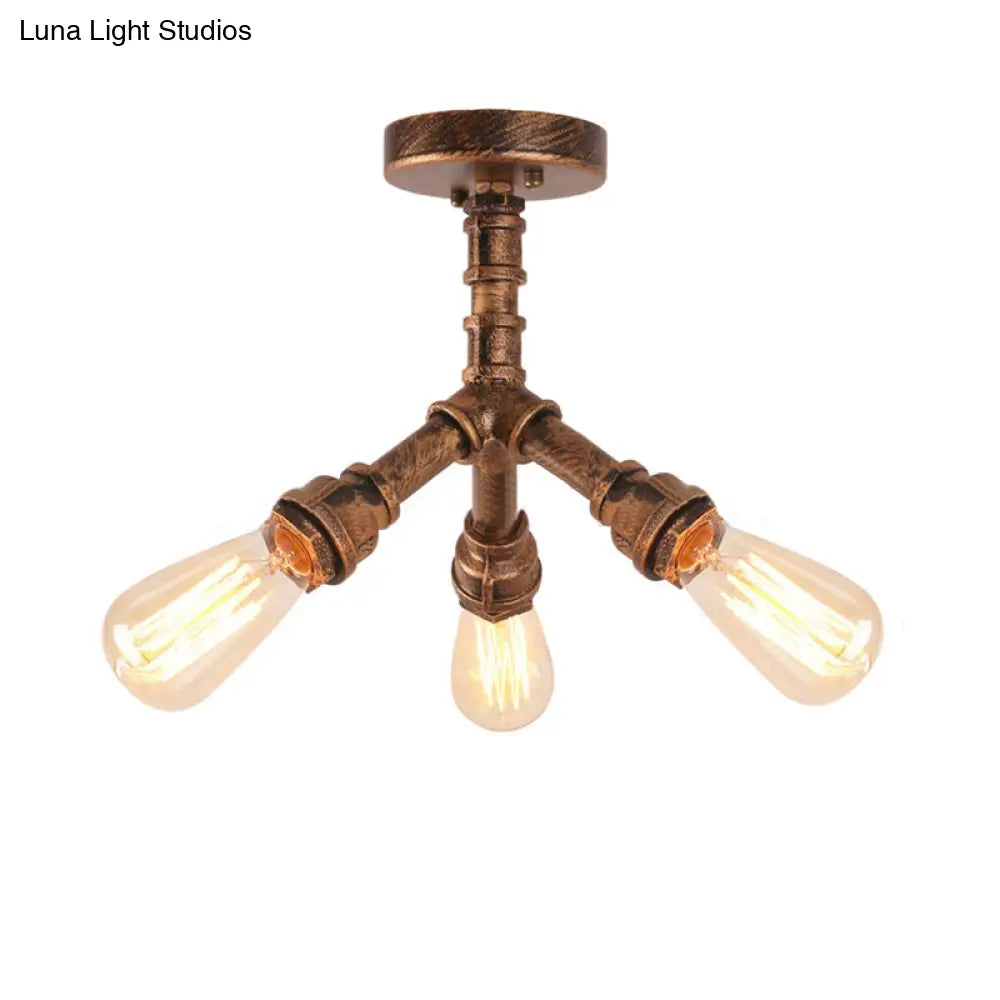 Steampunk 3 - Light Semi Flush Ceiling Fixture With Metallic Pipe Shade In Aged Bronze For Living