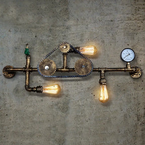 Steampunk Bicycle Wall Mount Light With Pipe Design - 3-Light Wrought Iron Lamp In Antique Brass